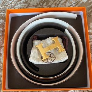 White / Orange Ladies Hermes Belt with Gold Buckle